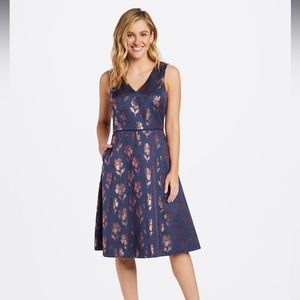 Draper James Navy Metallic Floral Jacquard Midi Dress